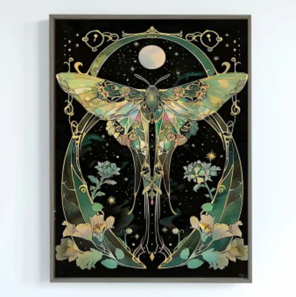 Lunar Moth Canvas Art Print 12×16" Art Nouveau Academia Celestial Green No Frame